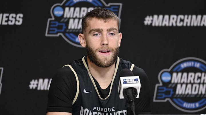 Purdue Boilermakers guard Braden Smith (3) addresses the media in a press conference during a practice session ahead of the west regional of the men's 2026 NCAA Tournament at SAP Center. 