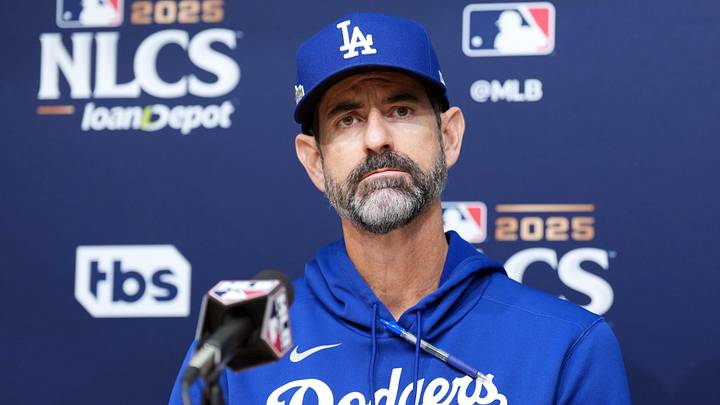 Dodgers pitching coach Mark Prior (99) speaks in a press conference before game three against the Milwaukee Brewers in the NLCS round for the 2025 MLB playoffs at Dodger Stadium on Oct. 16, 2025.