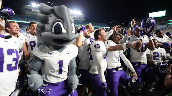 Sep 1, 2025; Chapel Hill, North Carolina, USA; TCU Horned Frogs players celebrate after the game at Kenan Stadium. Mandatory Credit: Bob Donnan-Imagn Images