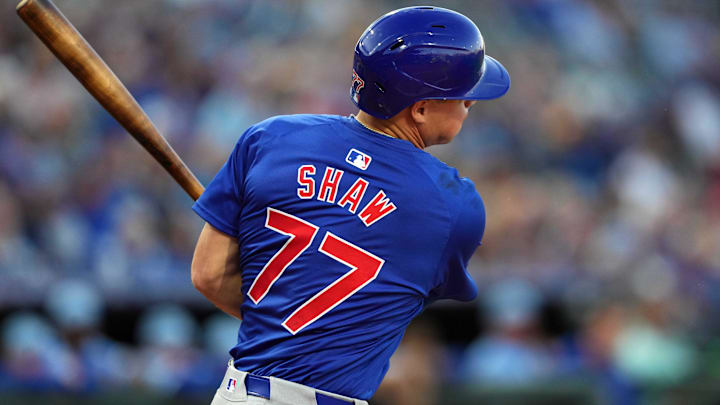 Mar 5, 2024; Surprise, Arizona, USA; Chicago Cubs third  baseman Matt Shaw (77) bats against the Kansas City Royals during the second inning at Surprise Stadium. Mandatory Credit: Joe Camporeale-USA TODAY Sports