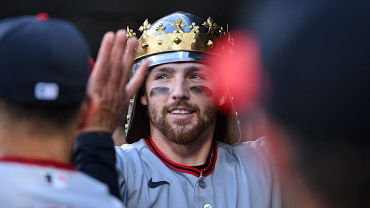 Apr 14, 2026: Cleveland Guardians second baseman Daniel Schneemann (10) is congratulated by teammates after hitting a solo home run against the St. Louis Cardinals during the second inning at Busch Stadium.