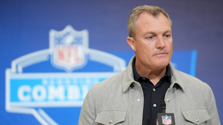 Feb 24, 2026; Indianapolis, IN, USA; San Francisco 49ers general manager John Lynch speaks at the NFL Scouting Combine at the Indiana Convention Center. Mandatory Credit: Kirby Lee-Imagn Images
