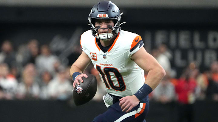 Nov 24, 2024; Paradise, Nevada, USA; Denver Broncos quarterback Bo Nix (10) throws the ball against the Las Vegas Raiders in the first quarter at Allegiant Stadium. 