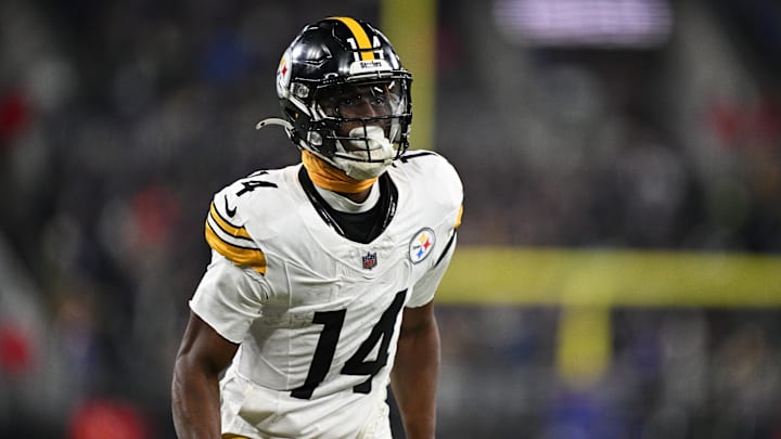Jan 11, 2025; Baltimore, Maryland, USA; Pittsburgh Steelers wide receiver George Pickens (14) looks on in the third quarter against the Baltimore Ravens in an AFC wild card game at M&T Bank Stadium. Mandatory Credit: Tommy Gilligan-Imagn Images