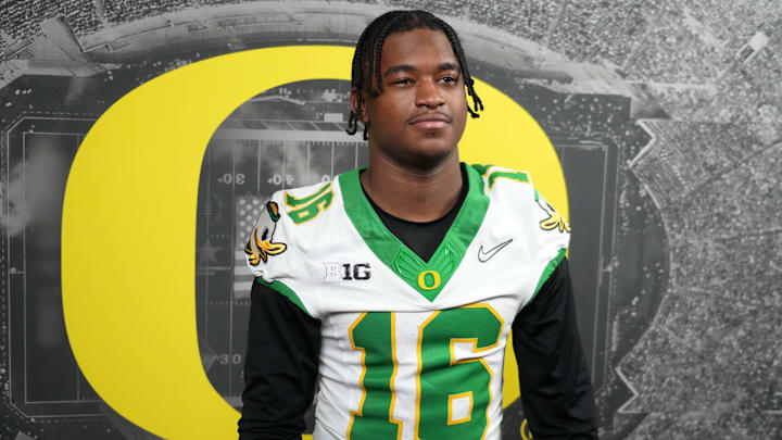 Dec 30, 2024; Los Angeles, CA, USA; Oregon Ducks defensive back Rodrick Pleasant (16) poses during Rose Bowl media day at Sheraton Grand LA. Mandatory Credit: Kirby Lee-Imagn Images