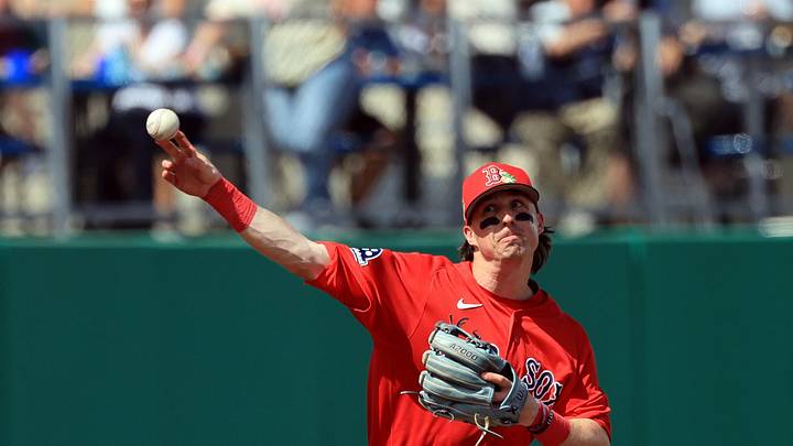 Mar 5, 2026; Clearwater, Florida, USA; Boston Red Sox infielder Nick Sogard (20) throws the ball to first base for an out against the Philadelphia Phillies during the third inning at BayCare Ballpark. Mandatory Credit: Kim Klement Neitzel-Imagn Images Mar 5, 2026; Clearwater, Florida, USA; Boston Red Sox infielder Nick Sogard (20) throws the ball to first base for an out against the Philadelphia Phillies during the third inning at BayCare Ballpark. Mandatory Credit: Kim Klement Neitzel-Imagn Images