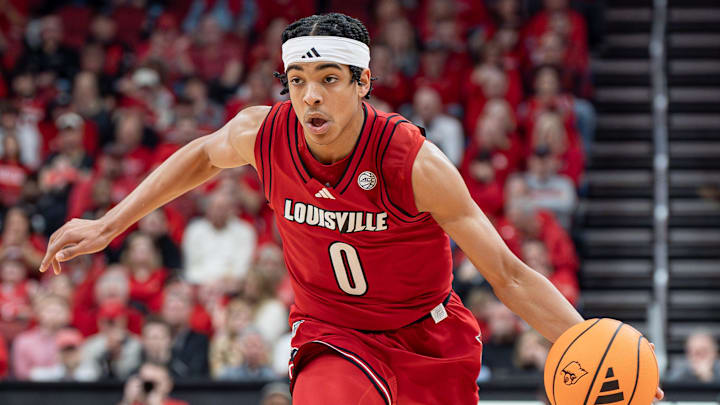 Louisville Cardinals guard Mikel Brown Jr. (0) drives to the basket as the Louisville Cardinals host the Georgia Tech Yellow Jackets in an NCAA basketball game at the KFC Yum! Center, Saturday, Feb. 21, 2026, in Louisville.