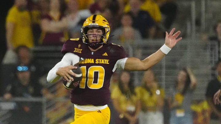 Arizona State quarterback Sam Leavitt (10) scrambles for a first down against NAU during a game at Mountain America Stadium in Tempe on Aug. 30, 2025. Arizona State quarterback Sam Leavitt (10) scrambles for a first down against NAU during a game at Mountain America Stadium in Tempe on Aug. 30, 2025.