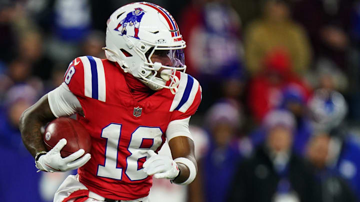 Dec 1, 2025; Foxborough, Massachusetts, USA; New England Patriots wide receiver Kyle Williams (18) returns a punt against New York Giants wide receiver Dalen Cambre (83) during the fourth quarter at Gillette Stadium. Dec 1, 2025; Foxborough, Massachusetts, USA; New England Patriots wide receiver Kyle Williams (18) returns a punt against New York Giants wide receiver Dalen Cambre (83) during the fourth quarter at Gillette Stadium.