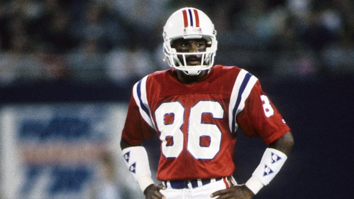 Sep 21, 1987; E. Rutherford, NJ, USA; New England Patriots receiver Stanley Morgan (86) against the New York Jets at Giants Stadium. Mandatory Credit: Imagn Images
