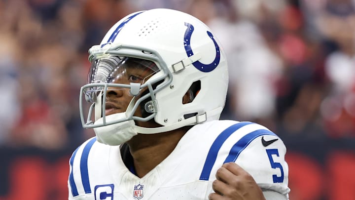 Indianapolis Colts quarterback Anthony Richardson (5) comes off the field on the fourth down against the Houston Texans in the second half at NRG Stadium. Indianapolis Colts quarterback Anthony Richardson (5) comes off the field on the fourth down against the Houston Texans in the second half at NRG Stadium.