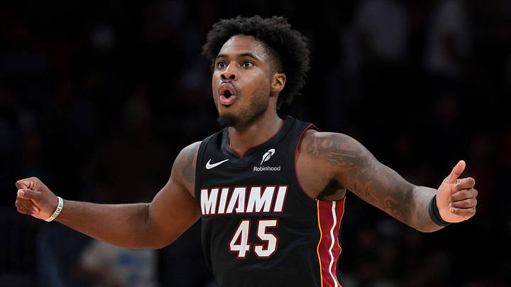Miami Heat guard Davion Mitchell (45) reacts (Mandatory Credit: Sam Navarro-Imagn Images)