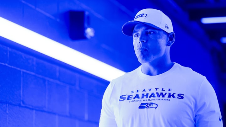 Aug 15, 2025; Seattle, Washington, USA; Seattle Seahawks head coach Mike Macdonald exits the locker room before pregame warmups against the Kansas City Chiefs at Lumen Field. 