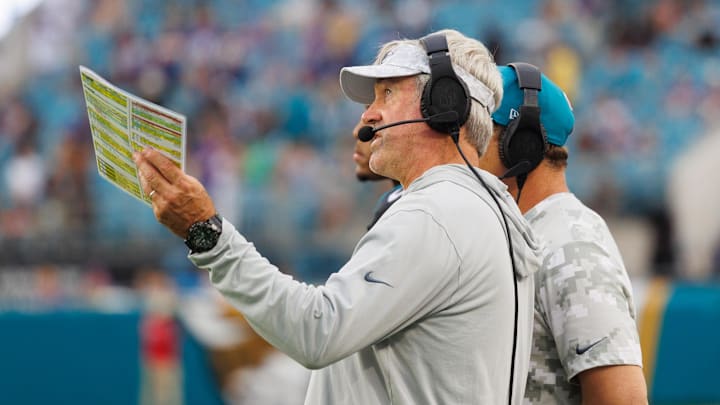 Nov 10, 2024; Jacksonville, Florida, USA; Jacksonville Jaguars head coach Doug Pederson watches a replay against the Minnesota Vikings during the third quarter at EverBank Stadium. Mandatory Credit: Morgan Tencza-Imagn Images