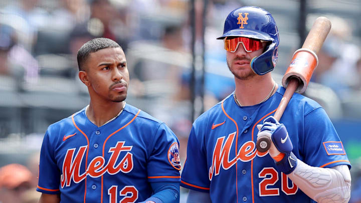 Jul 20, 2023; New York City, New York, USA; New York Mets shortstop Francisco Lindor (12) and first baseman Pete Alonso (20) walk off the field during a Chicago White Sox pitching change during the eighth inning at Citi Field. Mandatory Credit: Brad Penner-Imagn Images