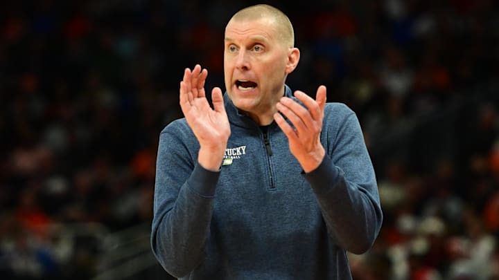 Mar 23, 2025; Milwaukee, WI, USA;  Kentucky Wildcats head coach Mark Pope reacts during the second half in the second round of the NCAA Tournament against the Illinois Fighting Illini at Fiserv Forum. Mandatory Credit: Benny Sieu-Imagn Images
