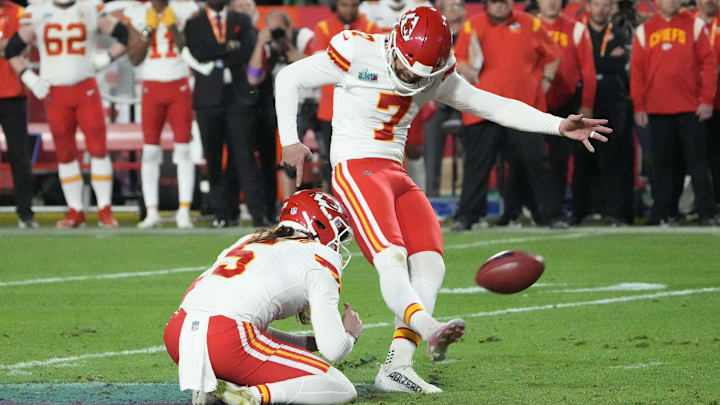 Kansas City Chiefs placekicker Harrison Butker (7) kicks the go-ahead field goal against the