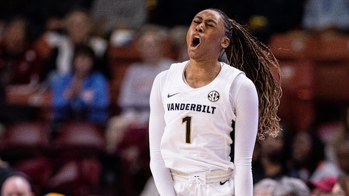 Vanderbilt Commodores guard Mikayla Blakes (1) celebrates against the Tennessee Lady Vols during the first half at Bon Secours Wellness Arena.
