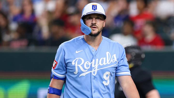 May 30, 2026; Arlington, Texas, USA; Kansas City Royals first baseman Vinnie Pasquantino (9) heads back to the dugout after striking out during the sixth inning against the Texas Rangers at Globe Life Field. Mandatory Credit: Andrew Dieb-Imagn Images May 30, 2026; Arlington, Texas, USA; Kansas City Royals first baseman Vinnie Pasquantino (9) heads back to the dugout after striking out during the sixth inning against the Texas Rangers at Globe Life Field. Mandatory Credit: Andrew Dieb-Imagn Images