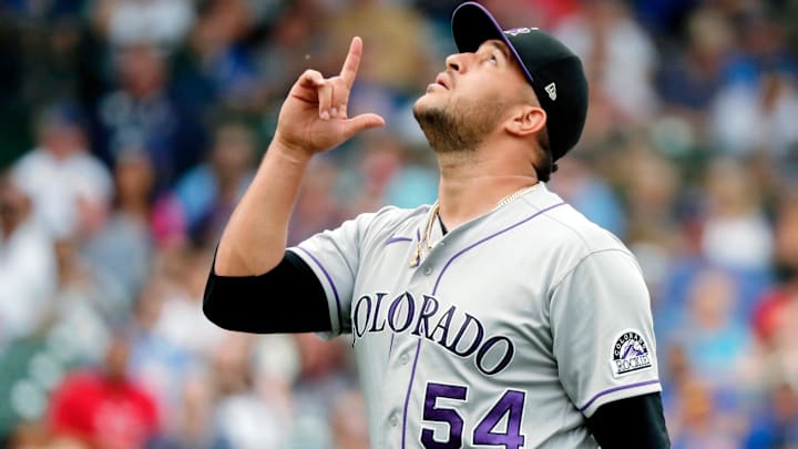 Sep 17, 2022; Chicago, Illinois, USA; Colorado Rockies relief pitcher Carlos Estevez (54) reacts