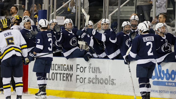 The Penn State Nittany Lions celebrate a goal against Michigan in the Big Ten Tournament. The Penn State Nittany Lions celebrate a goal against Michigan in the Big Ten Tournament.