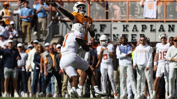 Sep 26, 2026; Knoxville, Tennessee, USA;  Tennessee Volunteers quarterback Faizon Brandon passes against Texas Longhorns defensive end Colin Simmons