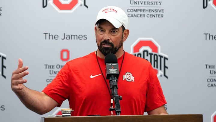 Ohio State head coach Ryan Day speaks to the media at the Woody Hayes Athletic Center on Thursday, July 31, 2025 in Columbus, Ohio.