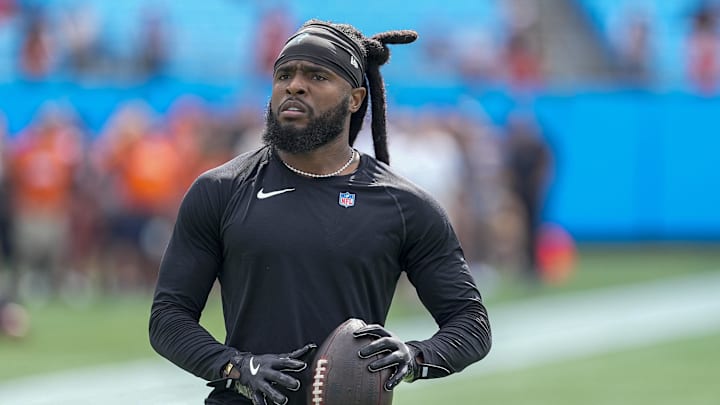Sep 29, 2024; Charlotte, North Carolina, USA; Carolina Panthers wide receiver Diontae Johnson (5) during pregame warm ups against the Cincinnati Bengals at Bank of America Stadium. Mandatory Credit: Jim Dedmon-Imagn Images Sep 29, 2024; Charlotte, North Carolina, USA; Carolina Panthers wide receiver Diontae Johnson (5) during pregame warm ups against the Cincinnati Bengals at Bank of America Stadium. Mandatory Credit: Jim Dedmon-Imagn Images