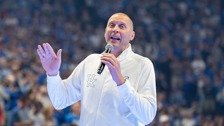 Kentucky Wildcats head coach Mark Pope hypes up the crowd during Big Blue Madness on Friday, Oct. 11, 2024 at Rupp Arena.