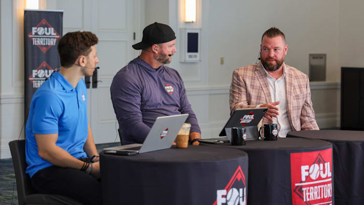 Toronto Blue Jays manager John Schneider (right) during an interview at the 2025 MLB Winter Meetings at Signia by Hilton Hotel on Dec. 9. Toronto Blue Jays manager John Schneider (right) during an interview at the 2025 MLB Winter Meetings at Signia by Hilton Hotel on Dec. 9.