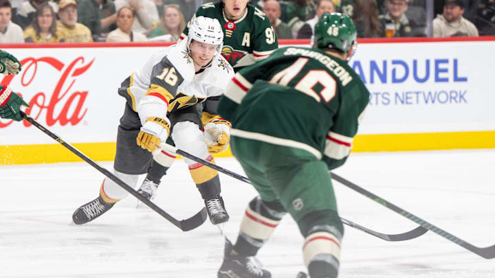 Apr 24, 2025; Saint Paul, Minnesota, USA; Minnesota Wild left wing Kirill Kaprizov (97) picks up a slashing penalty on Vegas Golden Knights left wing Pavel Dorofeyev (16) in the third period in game three of the first round of the 2025 Stanley Cup Playoffs at Xcel Energy Center. Mandatory Credit: Matt Blewett-Imagn Images