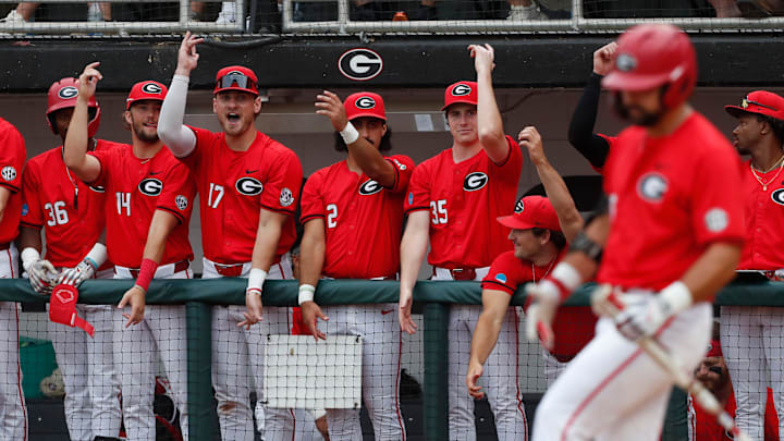 Georgia's Corey Collins (6) gets ready to bat while his teammates cheer him on during a NCAA Athens Regional baseball game against UNCW in Athens, Ga., on Saturday, June 1, 2024. Georgia won 11-2.