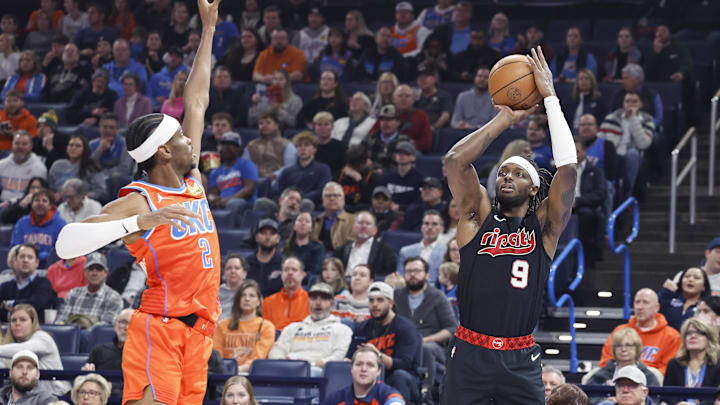 Jan 23, 2024; Oklahoma City, Oklahoma, USA; Portland Trail Blazers forward Jerami Grant (9) shoots a 3-pointer. 