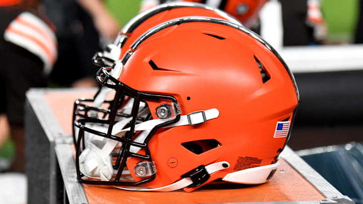Aug 17, 2023; Philadelphia, Pennsylvania, USA; Cleveland Browns helmet on the sidelines against the Philadelphia Eagles at Lincoln Financial Field. Mandatory Credit: Eric Hartline-Imagn Images