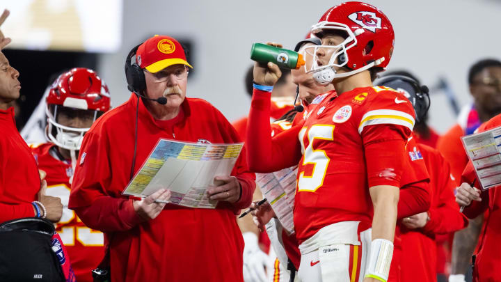 Feb 11, 2024; Paradise, Nevada, USA; Kansas City Chiefs head coach Andy Reid with quarterback Patrick Mahomes (15) against the San Francisco 49ers during Super Bowl LVIII at Allegiant Stadium. Mandatory Credit: Mark J. Rebilas-USA TODAY Sports