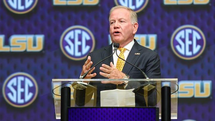 Jul 16, 2025; Atlanta, GA, USA; LSU Tigers head coach Brian Kelly talks to the media during SEC Media Day at Omni Atlanta Hotel. Mandatory Credit: Jordan Godfree-Imagn Images