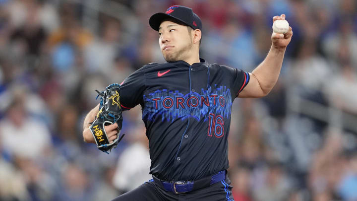 Jun 28, 2024; Toronto, Ontario, CAN; Toronto Blue Jays starting pitcher Yusei Kikuchi (16) throws a pitch against the New York Yankees during the first inning at Rogers Centre. Mandatory Credit: Nick Turchiaro-USA TODAY Sports