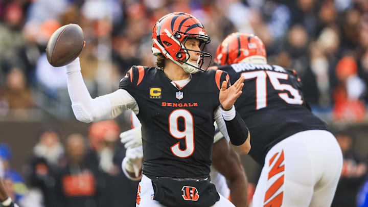 Jan 4, 2026; Cincinnati, Ohio, USA; Cincinnati Bengals quarterback Joe Burrow (9) looks to pass against the Cleveland Browns during the second half at Paycor Stadium. Mandatory Credit: Katie Stratman-Imagn Images