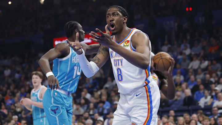 Jan 5, 2026; Oklahoma City, Oklahoma, USA; Oklahoma City Thunder guard Jalen Williams (8) reacts after a play against the Charlotte Hornets during the first quarter at Paycom Center. Mandatory Credit: Alonzo Adams-Imagn Images Jan 5, 2026; Oklahoma City, Oklahoma, USA; Oklahoma City Thunder guard Jalen Williams (8) reacts after a play against the Charlotte Hornets during the first quarter at Paycom Center. Mandatory Credit: Alonzo Adams-Imagn Images
