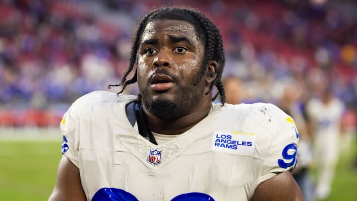 Nov 26, 2023; Glendale, Arizona, USA; Los Angeles Rams linebacker Keir Thomas (96) against the Arizona Cardinals at State Farm Stadium. Mandatory Credit: Mark J. Rebilas-Imagn Images