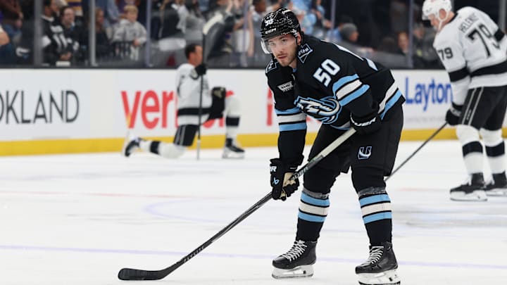 Mar 22, 2026; Salt Lake City, Utah, USA; Utah Mammoth defenseman Sean Durzi (50) warms up before a game against the Los Angeles Kings at Delta Center. Mandatory Credit: Rob Gray-Imagn Images