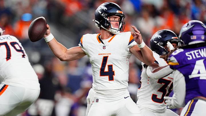 Denver Broncos quarterback Sam Ehlinger (4) prepares to pass the ball in the second quarter during a preseason game against the Minnesota Vikings. Denver Broncos quarterback Sam Ehlinger (4) prepares to pass the ball in the second quarter during a preseason game against the Minnesota Vikings.