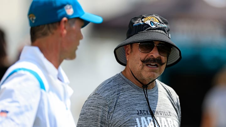 Owner Shad Khan talks with general manager Trent Baalke Monday, Aug. 14, 2023 at Miller Electric Center at EverBank Stadium in Jacksonville, Fla. Today was the 14th training camp session.