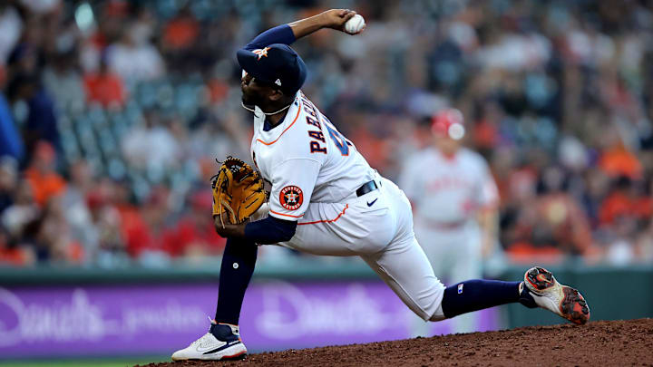 Jul 2, 2022; Houston, Texas, USA; Houston Astros relief pitcher Enoli Paredes (48) delivers a pitch against the Los Angeles Angels during the ninth inning at Minute Maid Park. Mandatory Credit: Erik Williams-USA TODAY Sports