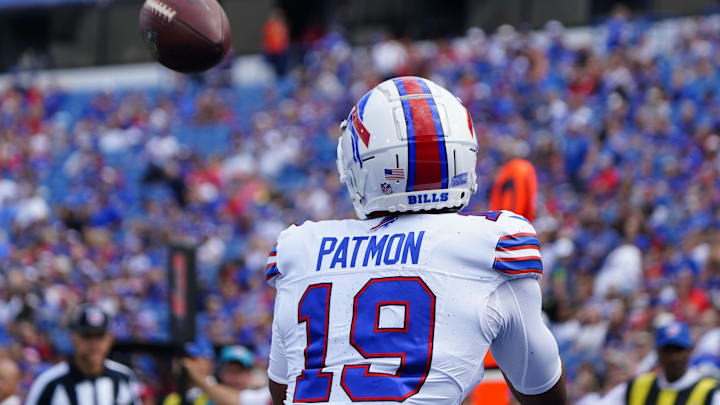 Aug 12, 2023; Orchard Park, New York, USA; Buffalo Bills wide receiver Dezmon Patmon (19) catches a