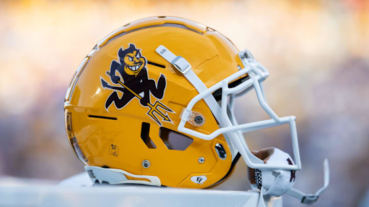 Nov 23, 2024; Tempe, Arizona, USA; Detailed view of an Arizona State Sun Devils helmet at Mountain America Stadium. Mandatory Credit: Mark J. Rebilas-Imagn Images