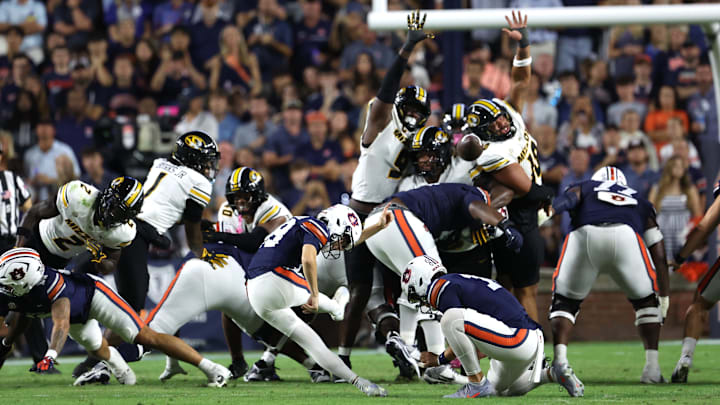 Oct 18, 2025; Auburn, Alabama, USA; Auburn Tigers kicker Alex McPherson (38) attempts a 40 yard field goal during the second quarter against the Missouri Tigers at Jordan-Hare Stadium. The kick was no good. Mandatory Credit: John Reed-Imagn Images