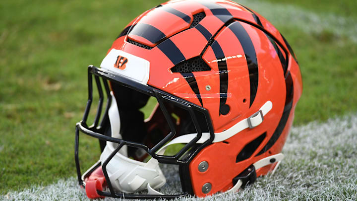Aug 7, 2025; Philadelphia, Pennsylvania, USA;  Cincinnati Bengals helmet on the field before game against the Philadelphia Eagles at Lincoln Financial Field. Mandatory Credit: Eric Hartline-Imagn Images
