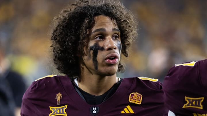 Nov 28, 2025; Tempe, Arizona, USA; Arizona State Sun Devils wide receiver Jordyn Tyson (0) against the Arizona Wildcats during the 99th Territorial Cup at Mountain America Stadium. Mandatory Credit: Mark J. Rebilas-Imagn Images