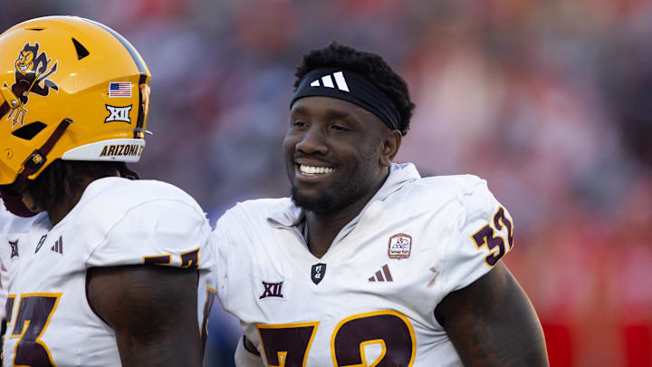 Nov 30, 2024; Tucson, Arizona, USA; Arizona State Sun Devils defensive lineman Prince Dorbah (32) against the Arizona Wildcats during the Territorial Cup at Arizona Stadium. Mandatory Credit: Mark J. Rebilas-Imagn Images